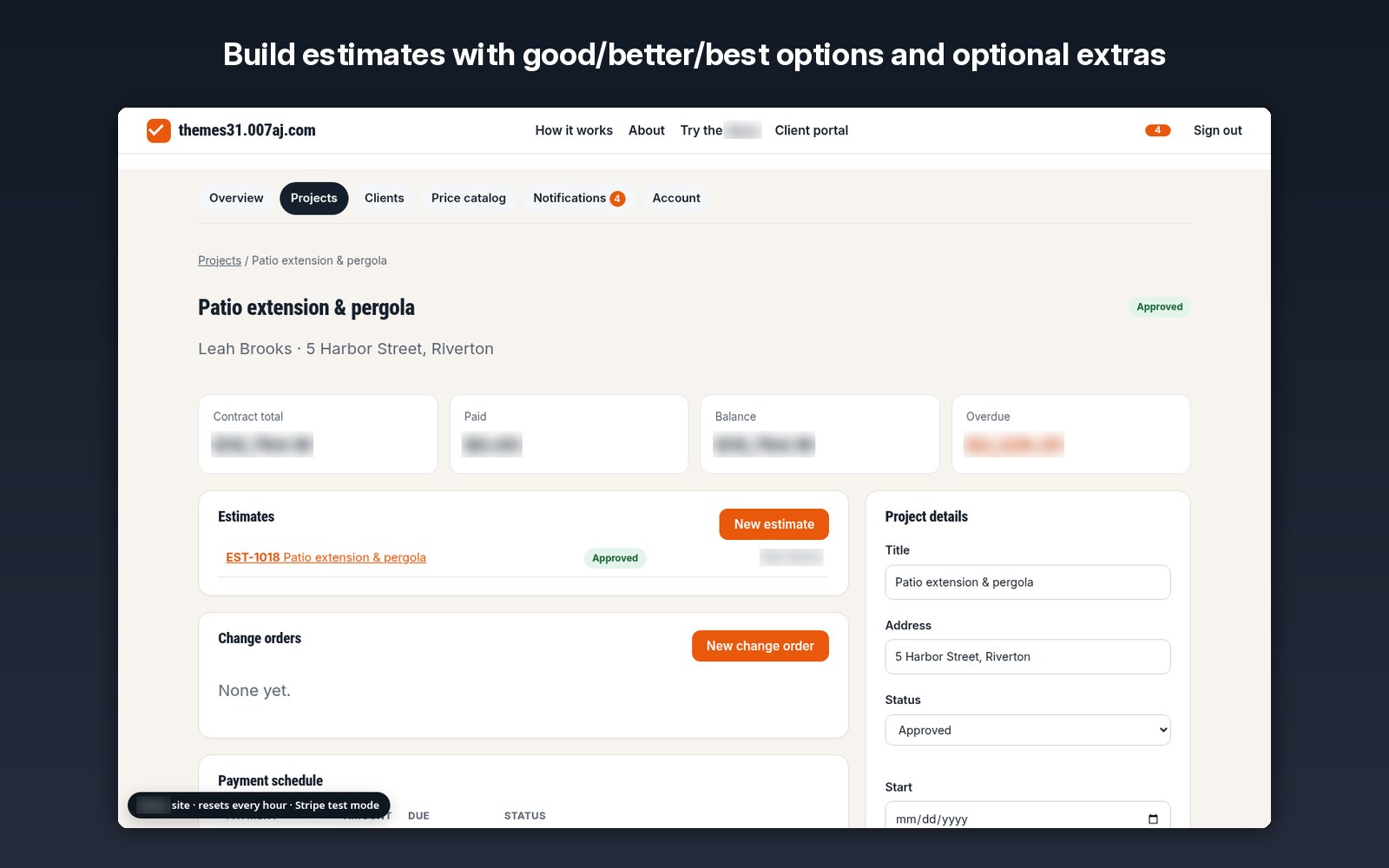 Build estimates with good/better/best options and optional extras
