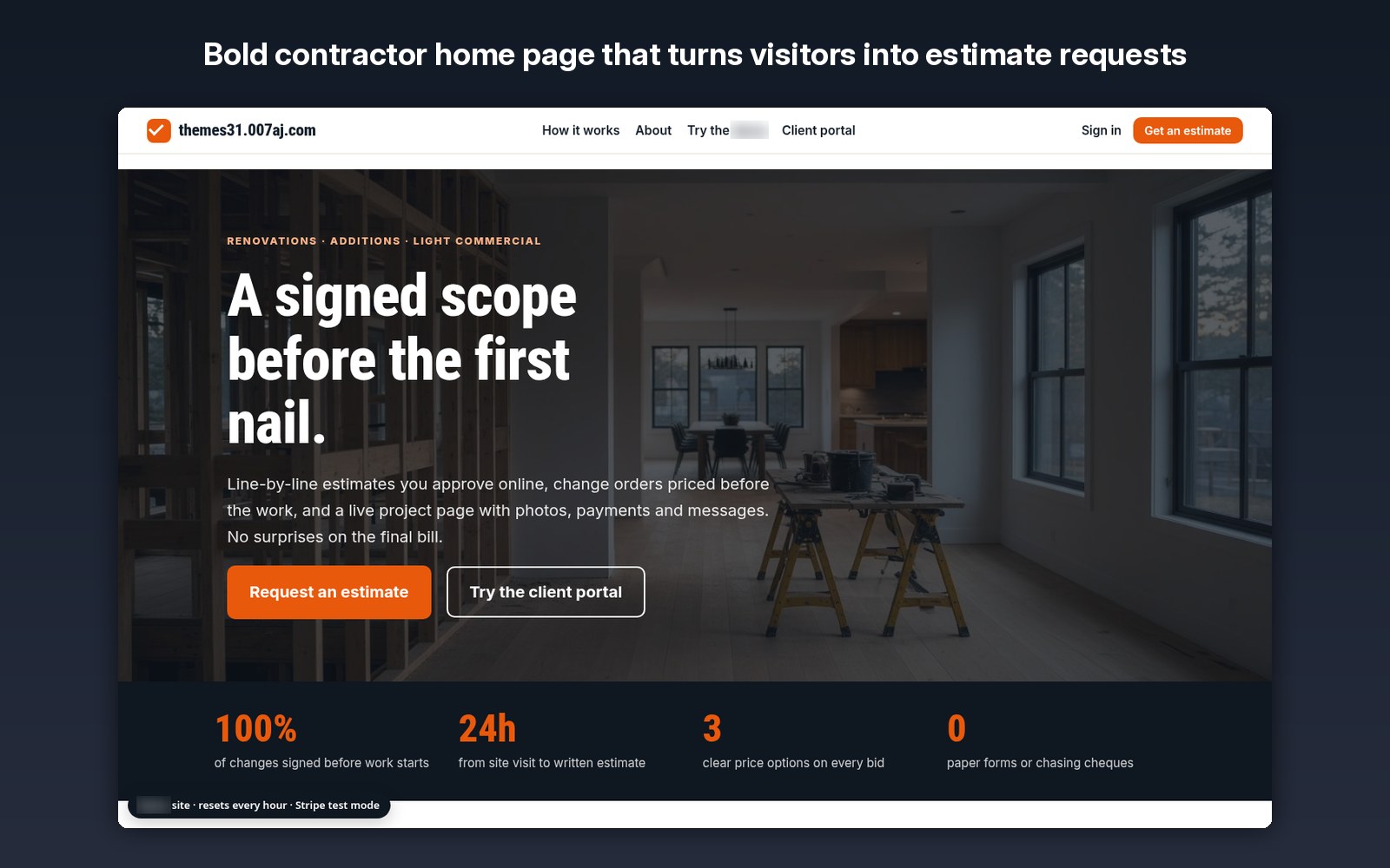 Bold contractor home page that turns visitors into estimate requests