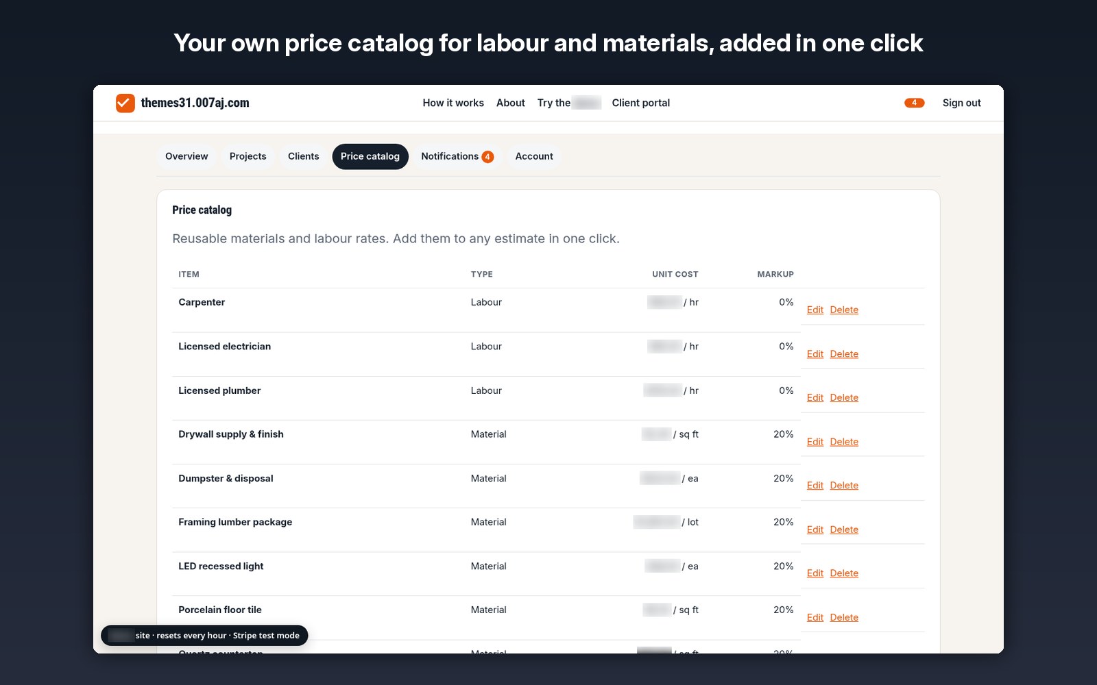 Your own price catalog for labour and materials, added in one click