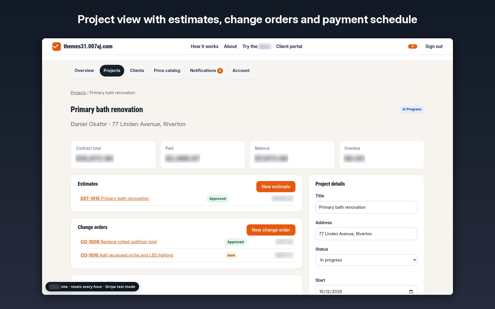 Project view with estimates, change orders and payment schedule