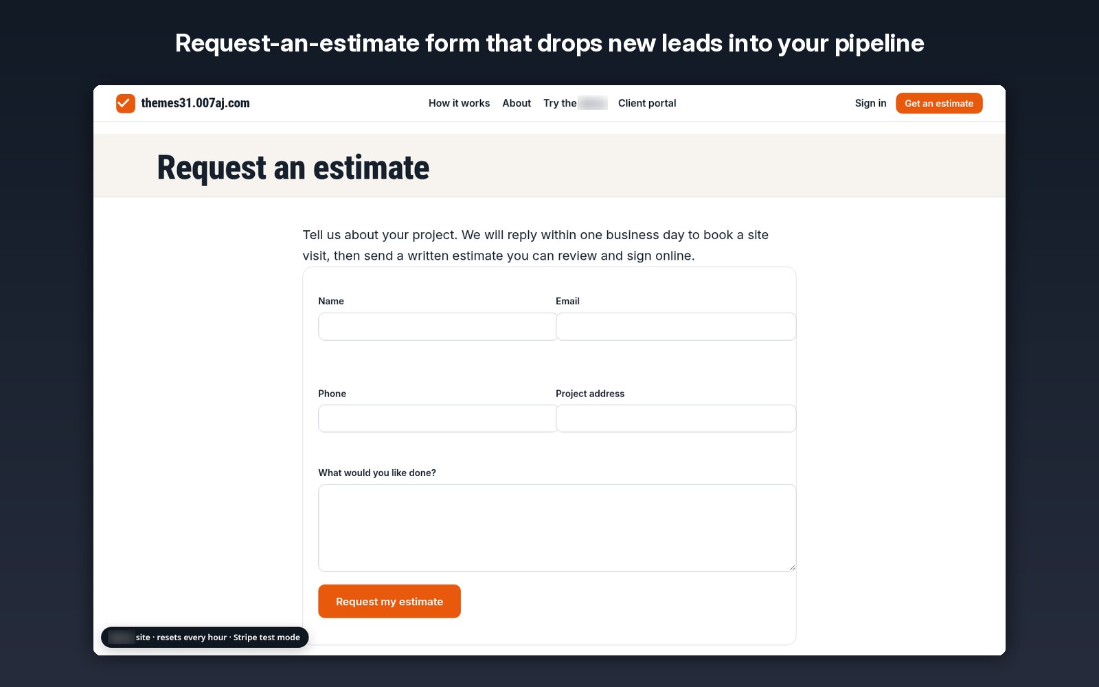 Request-an-estimate form that drops new leads into your pipeline