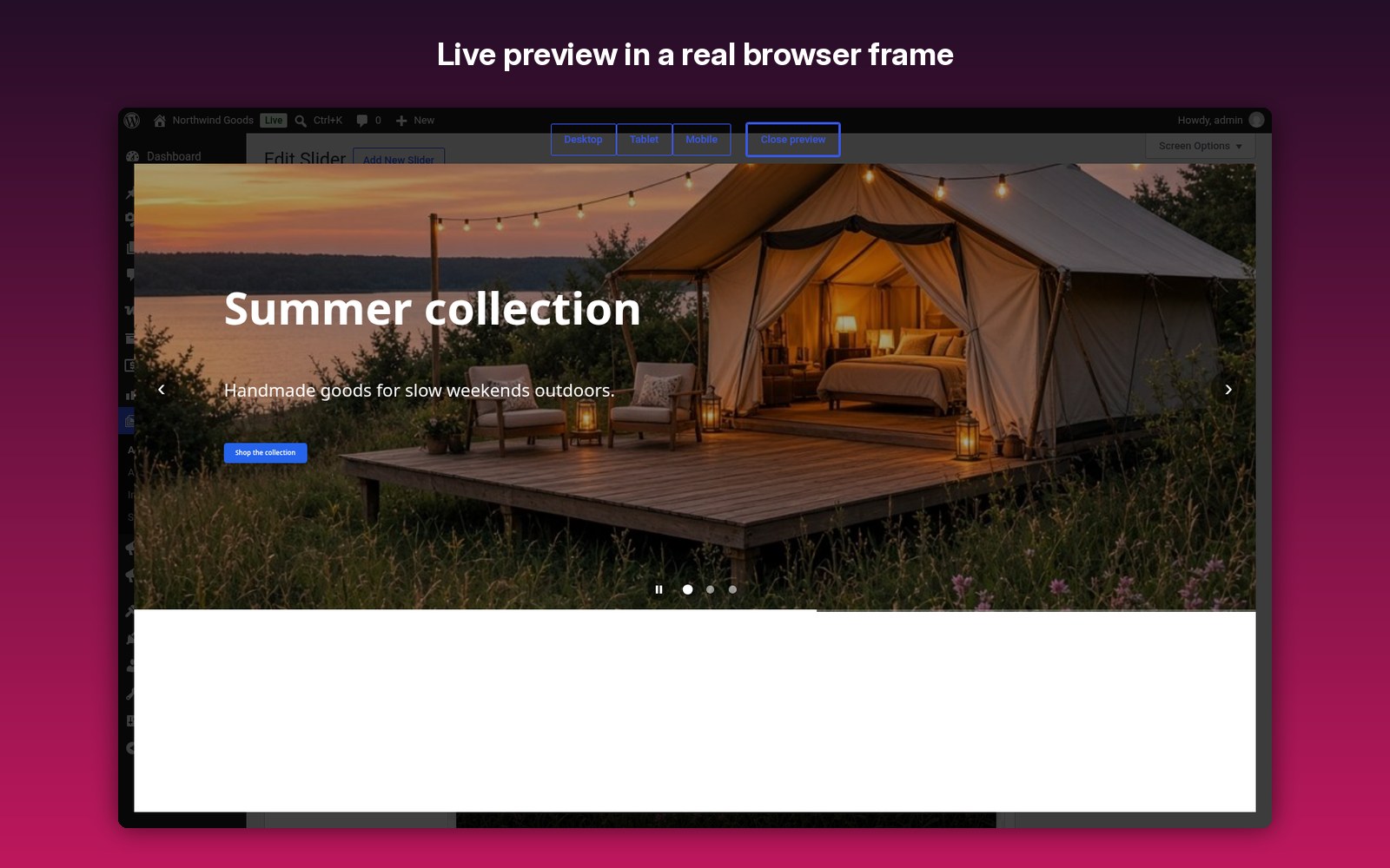 Live preview in a real browser frame