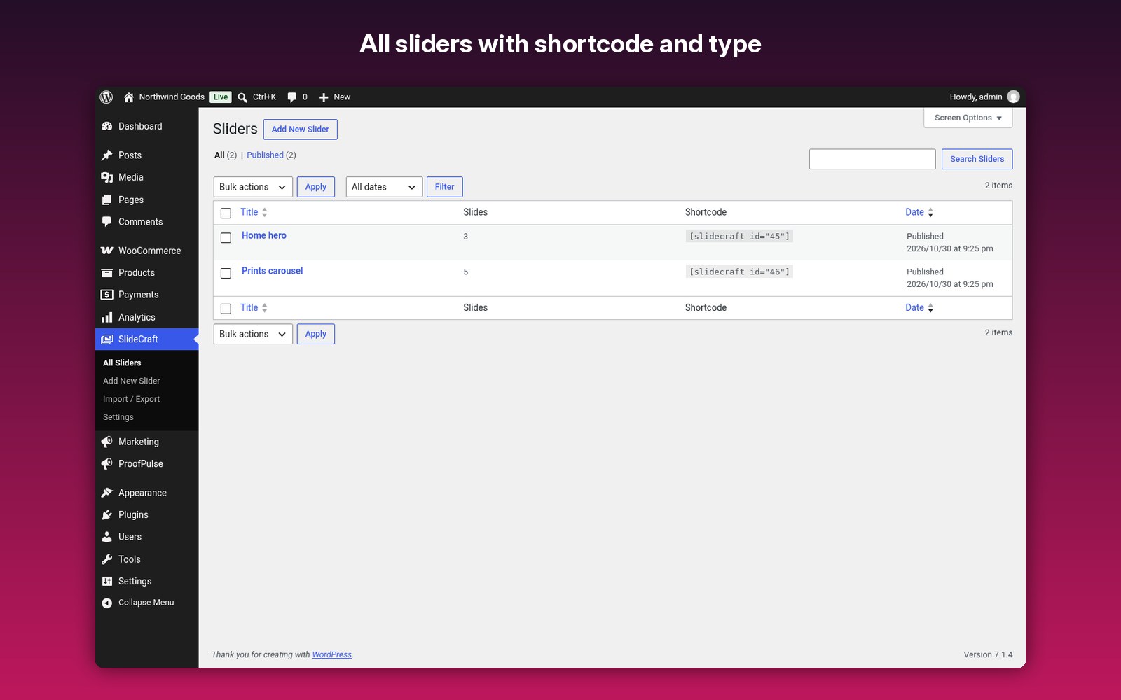 All sliders with shortcode and type