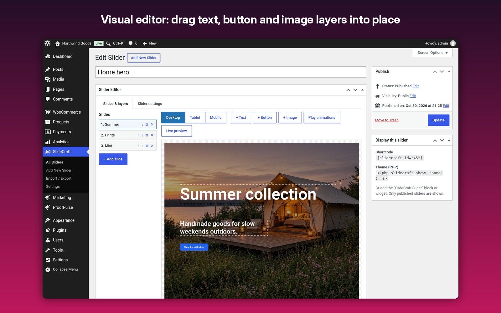 Visual editor: drag text, button and image layers into place