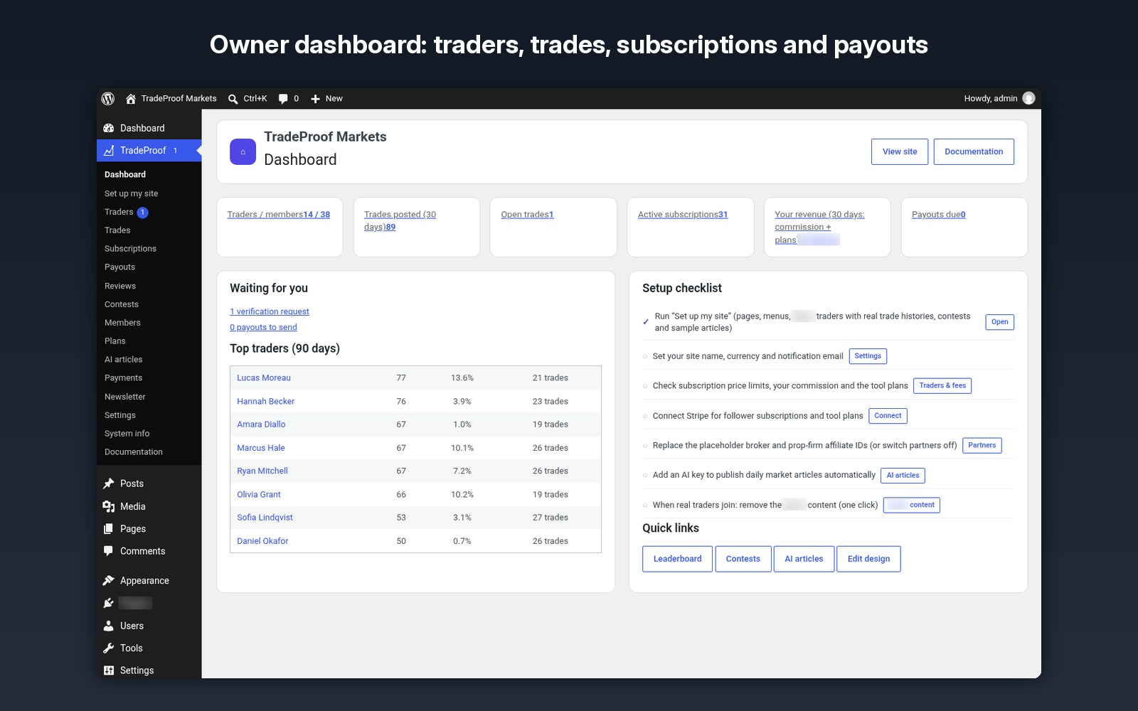 Owner dashboard: traders, trades, subscriptions and payouts