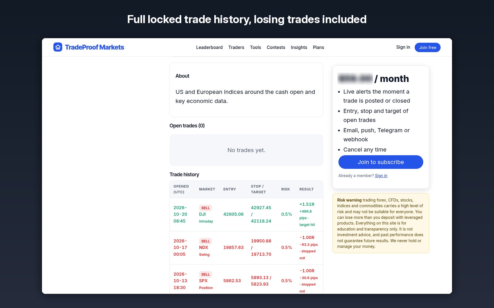 Full locked trade history, losing trades included