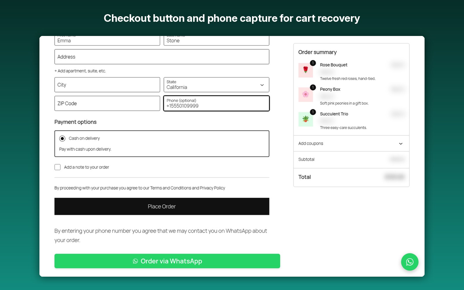 Checkout button and phone capture for cart recovery
