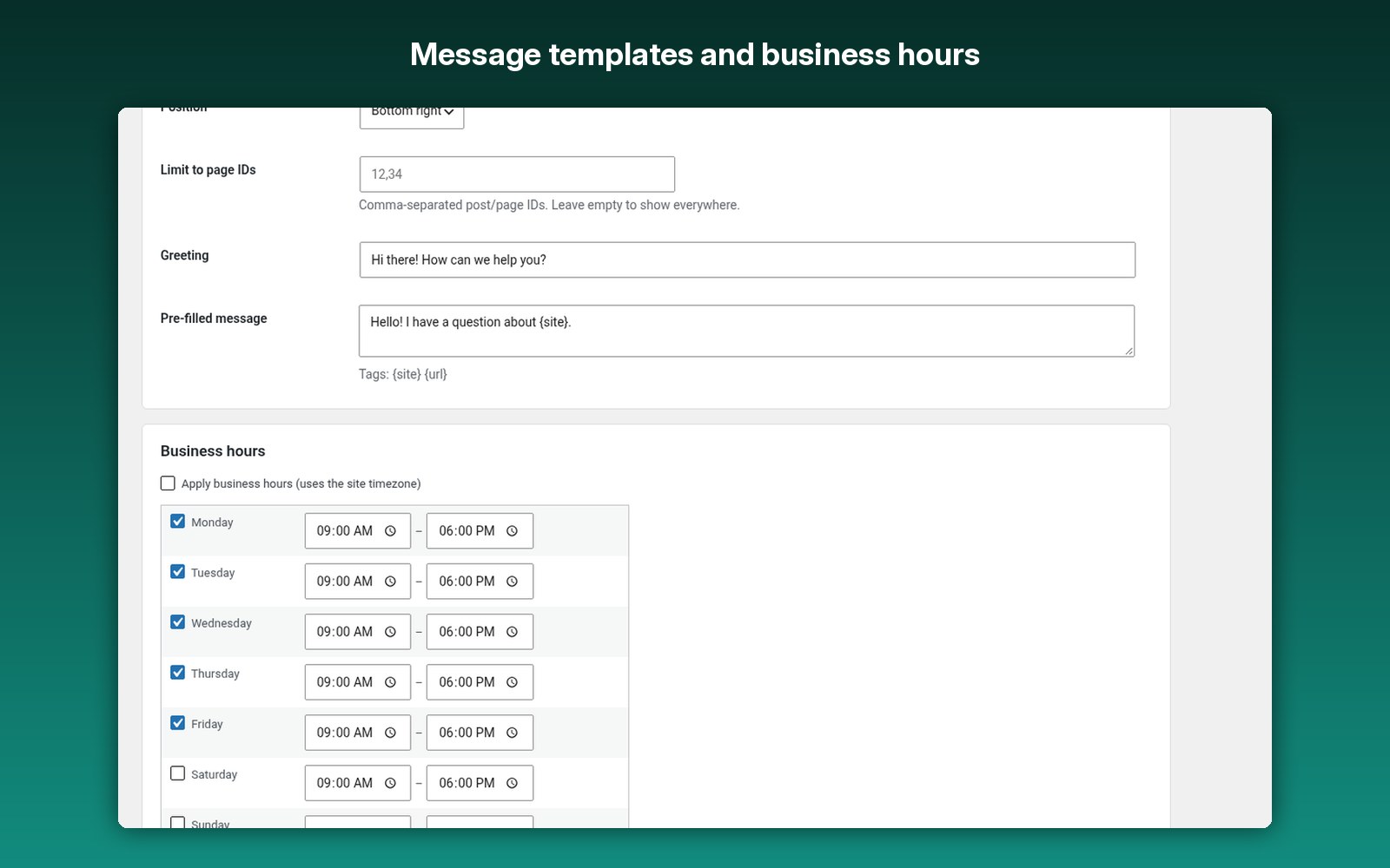 Message templates and business hours