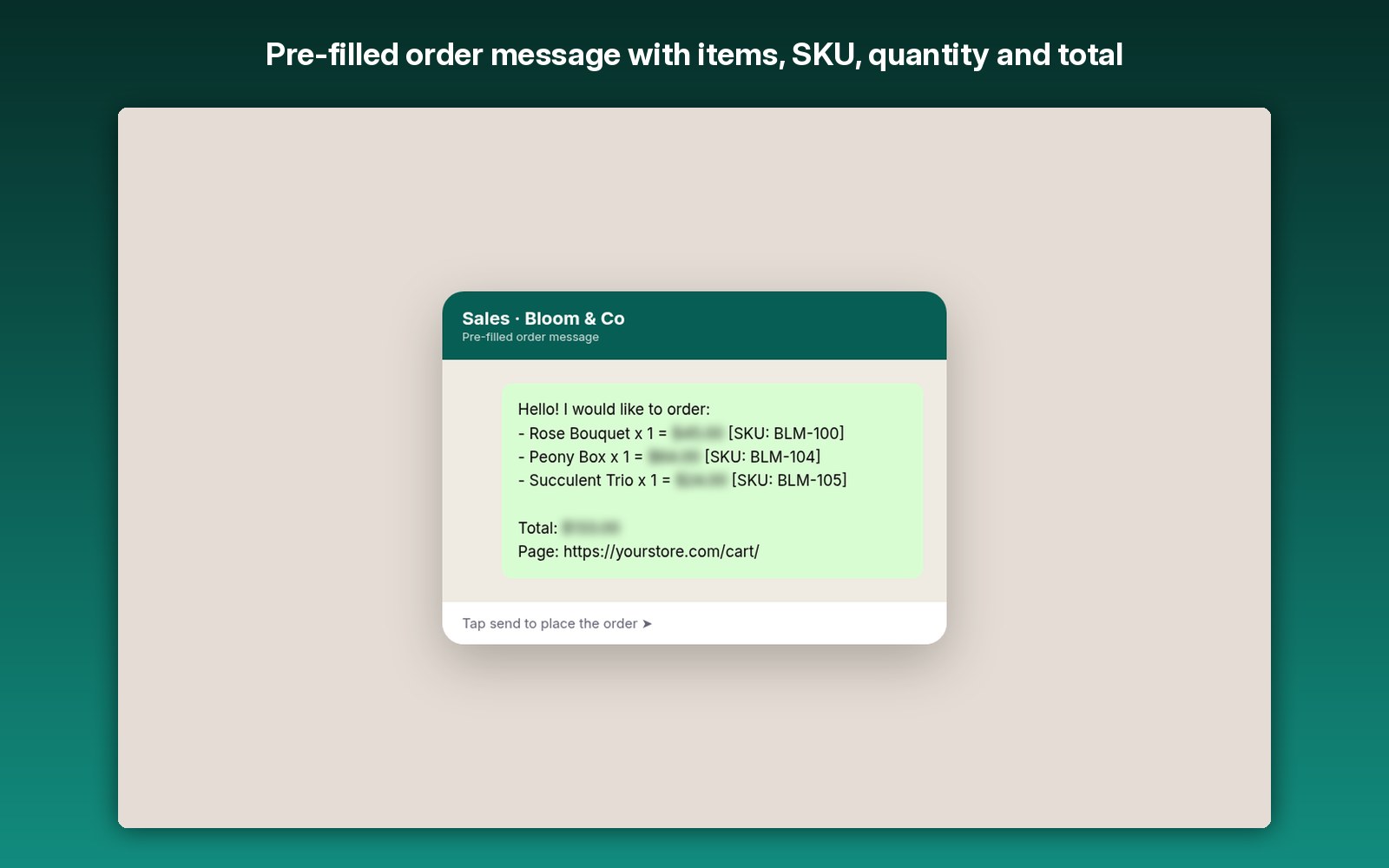 Pre-filled order message with items, SKU, quantity and total