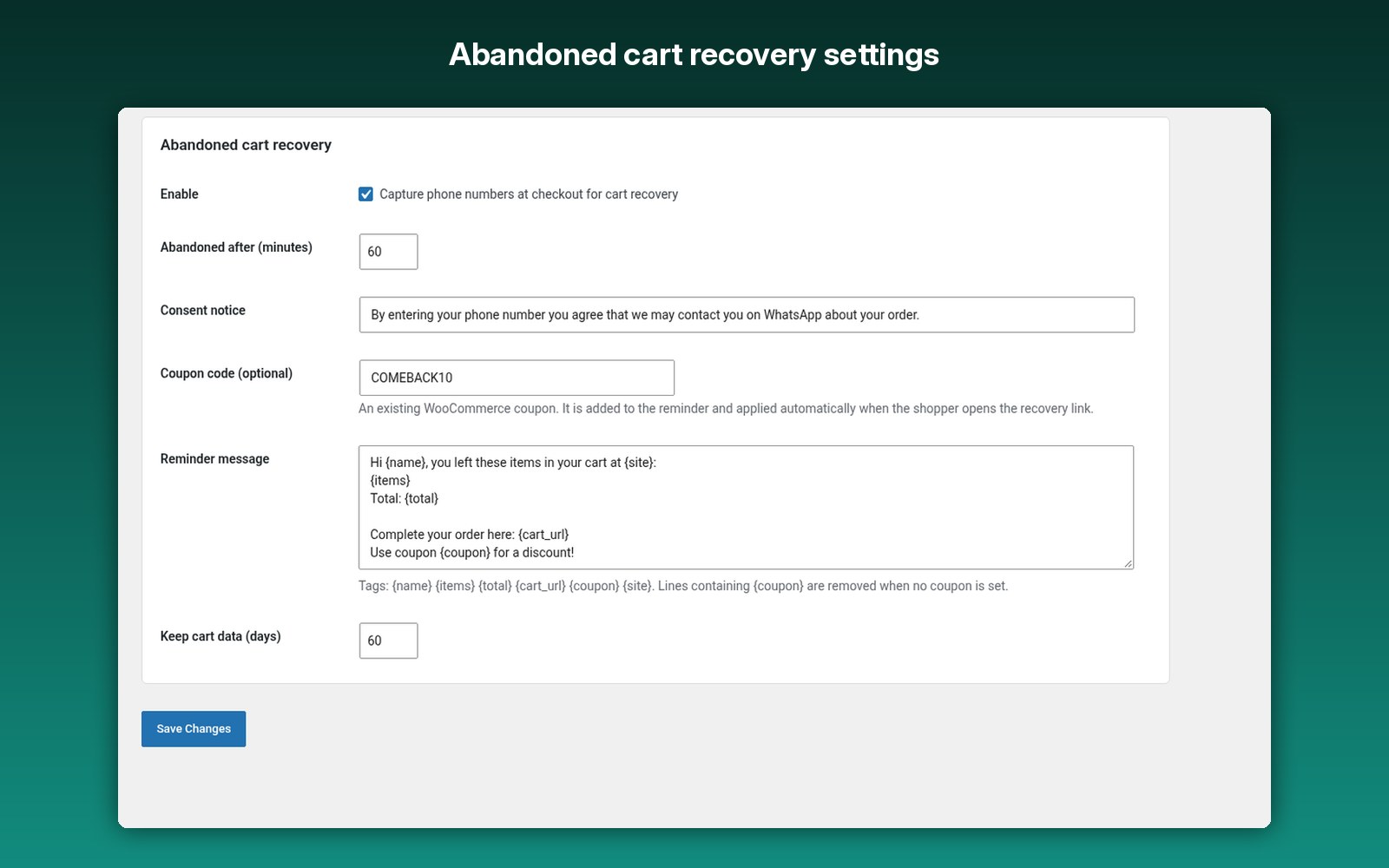 Abandoned cart recovery settings