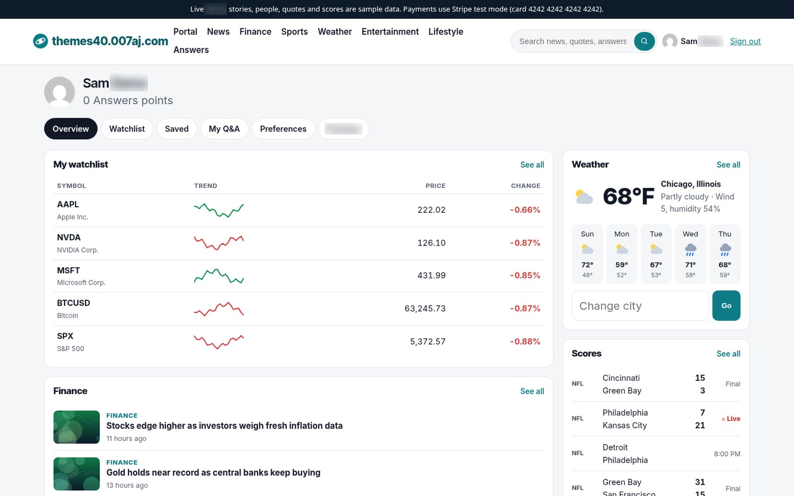 Personal member dashboard: watchlist, home city, teams and saved stories