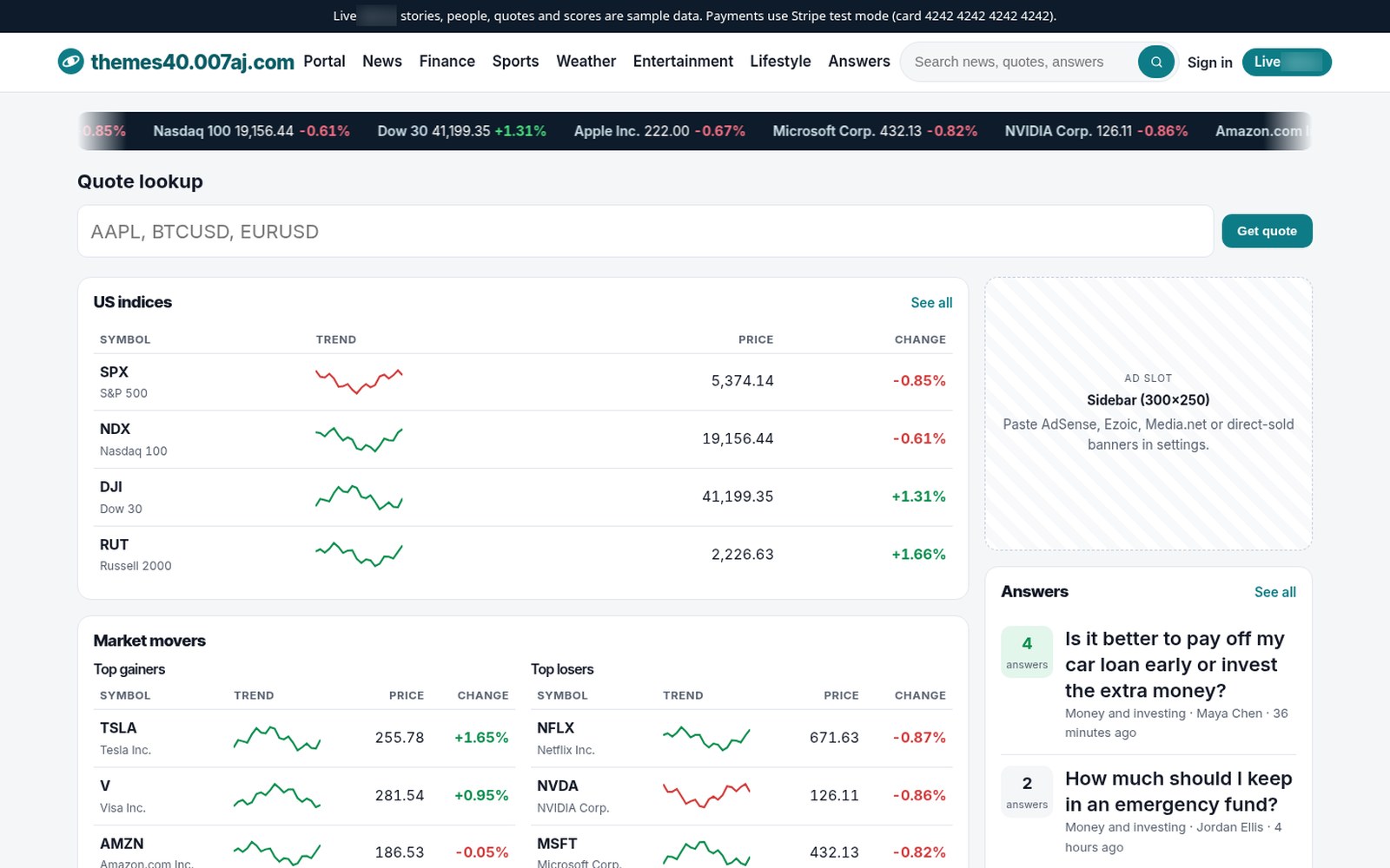Finance hub with indexes, movers and quote lookup