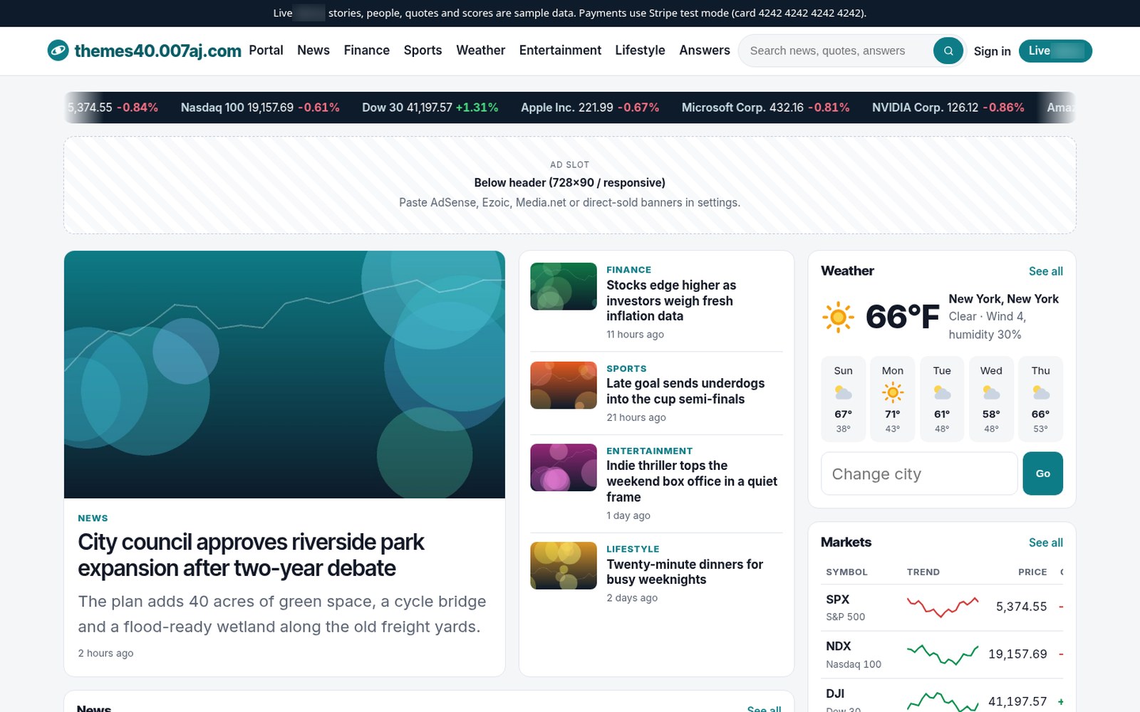 Portal front page: top stories, market ticker, weather, scores and trending