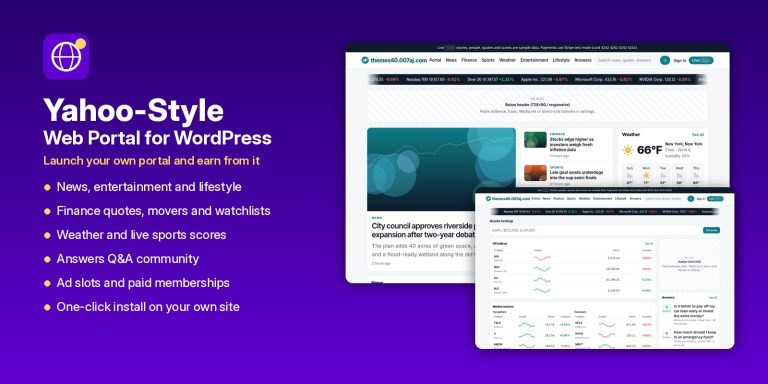 Yahoo-Style Web Portal for WordPress – Launch Your Own News, Finance, Weather & Sports Portal