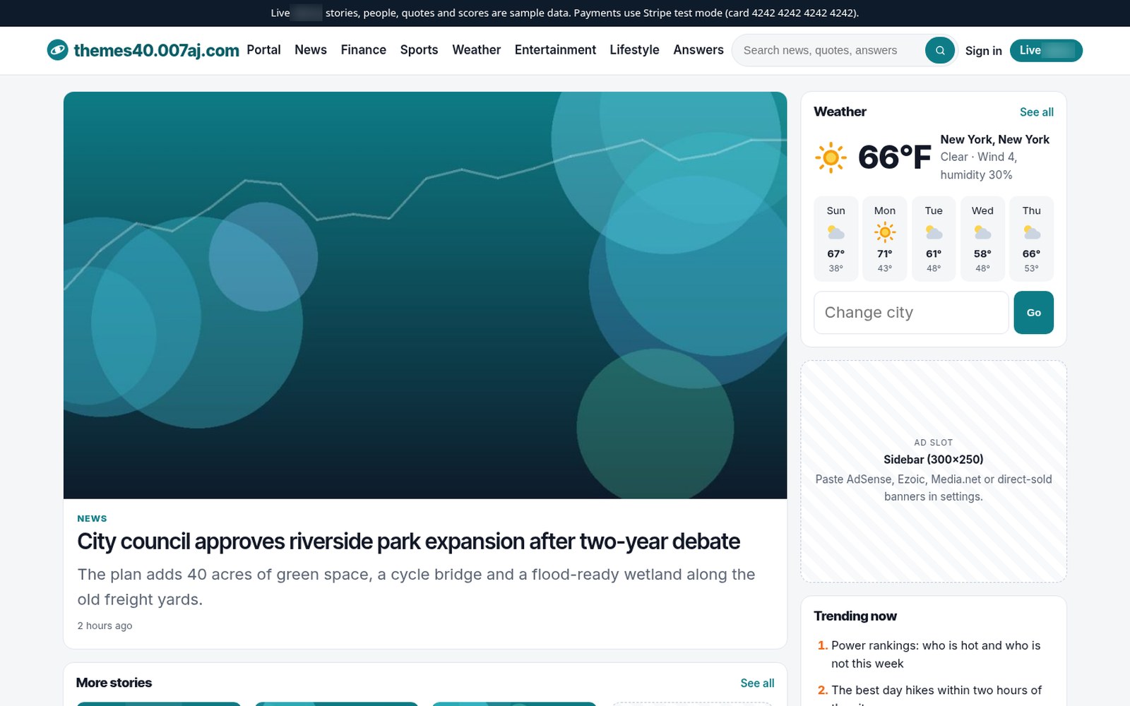 News section with your own stories plus optional RSS feeds