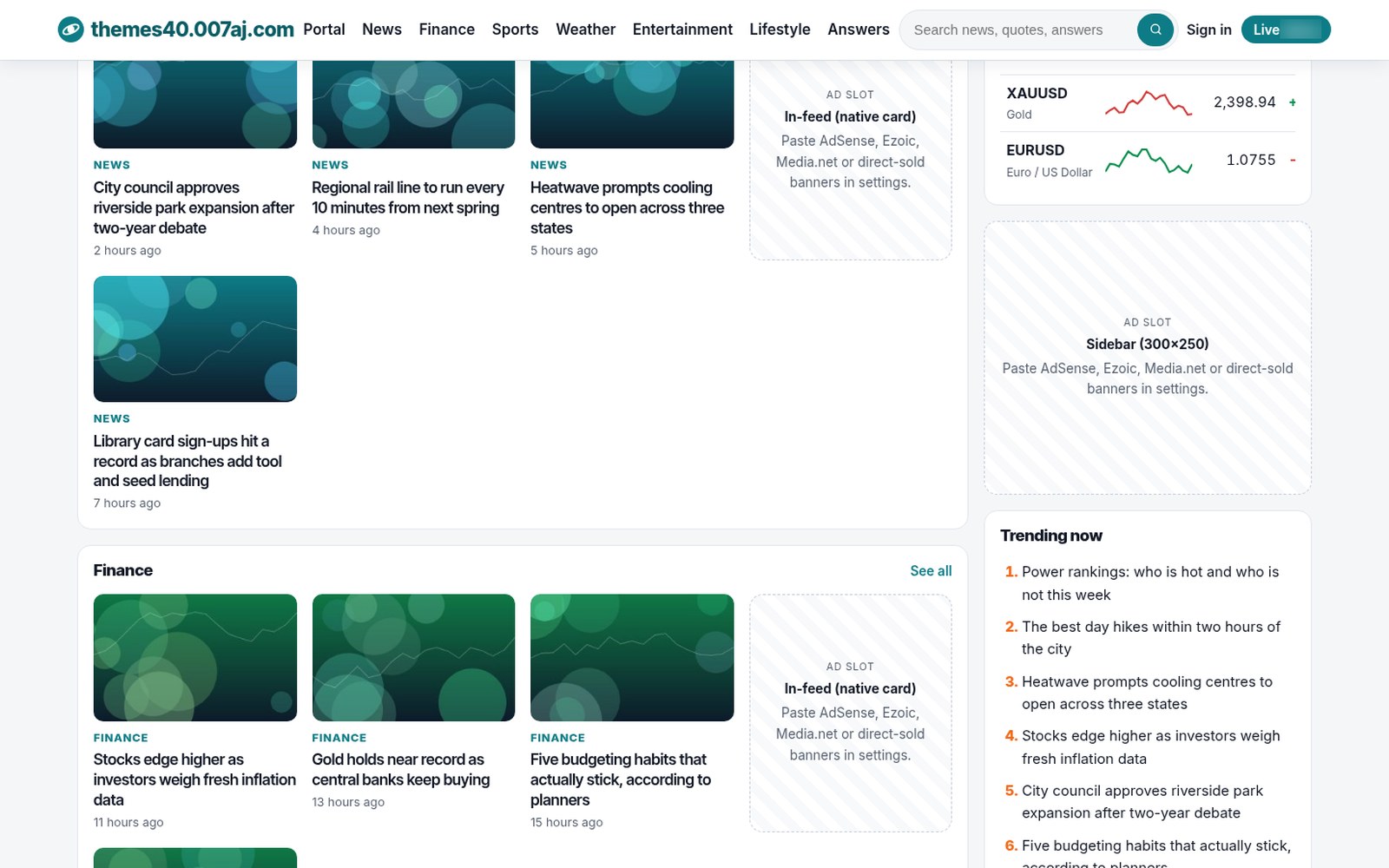 Category rails for news, finance, entertainment, lifestyle and more