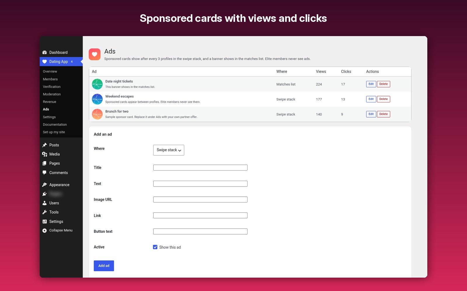 Sponsored cards with views and clicks