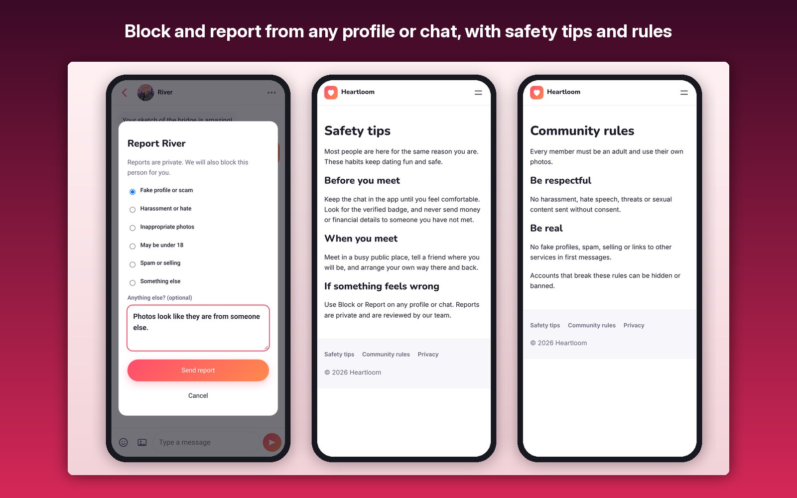 Block and report from any profile or chat, with safety tips and rules