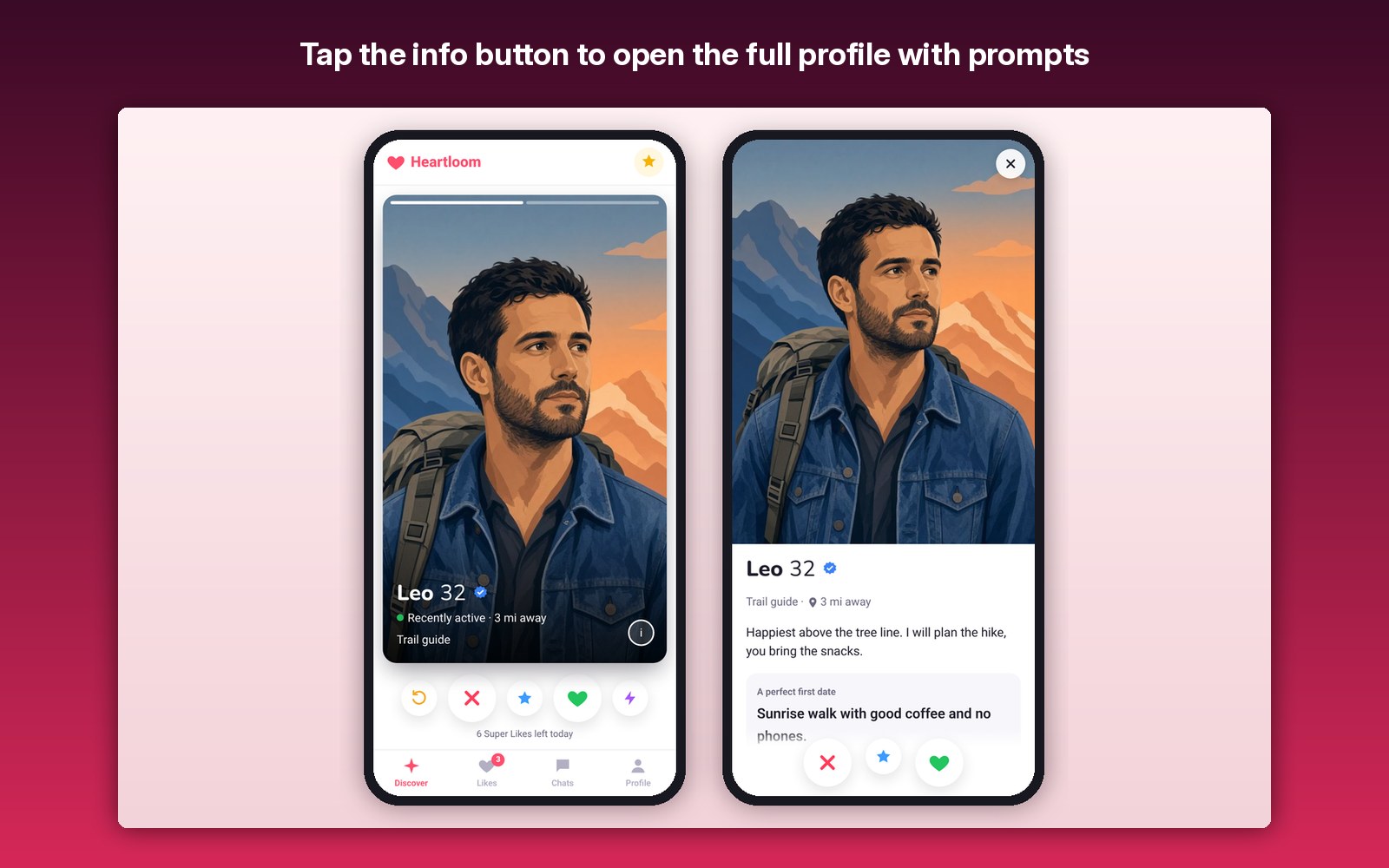 Tap the info button to open the full profile with prompts