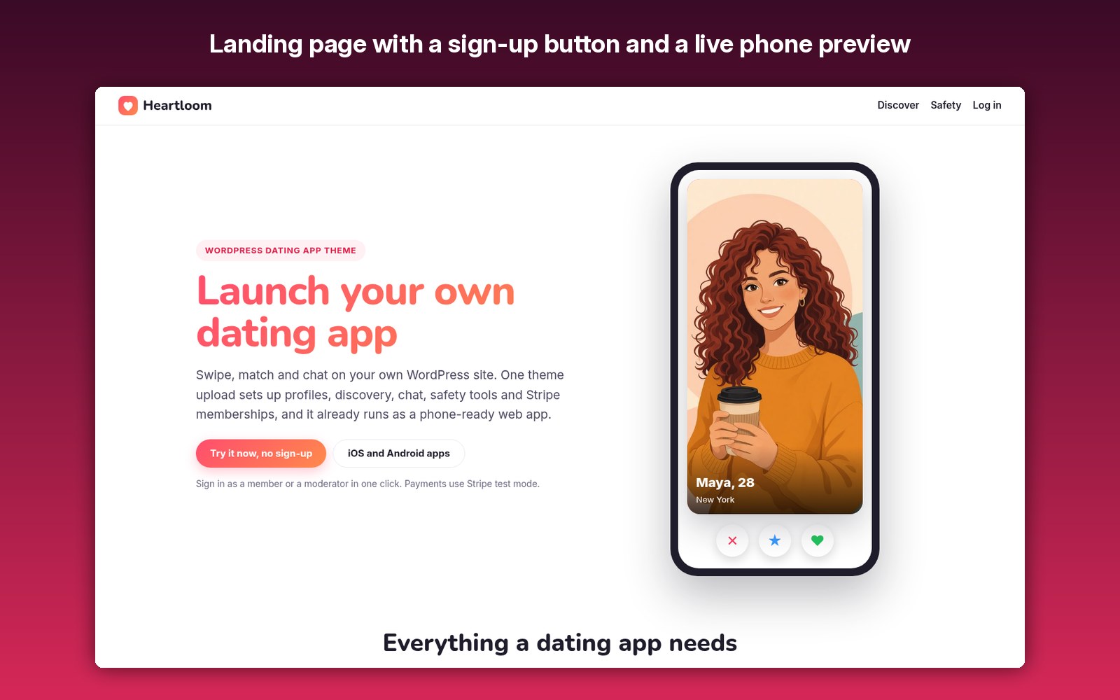 Landing page with a sign-up button and a live phone preview