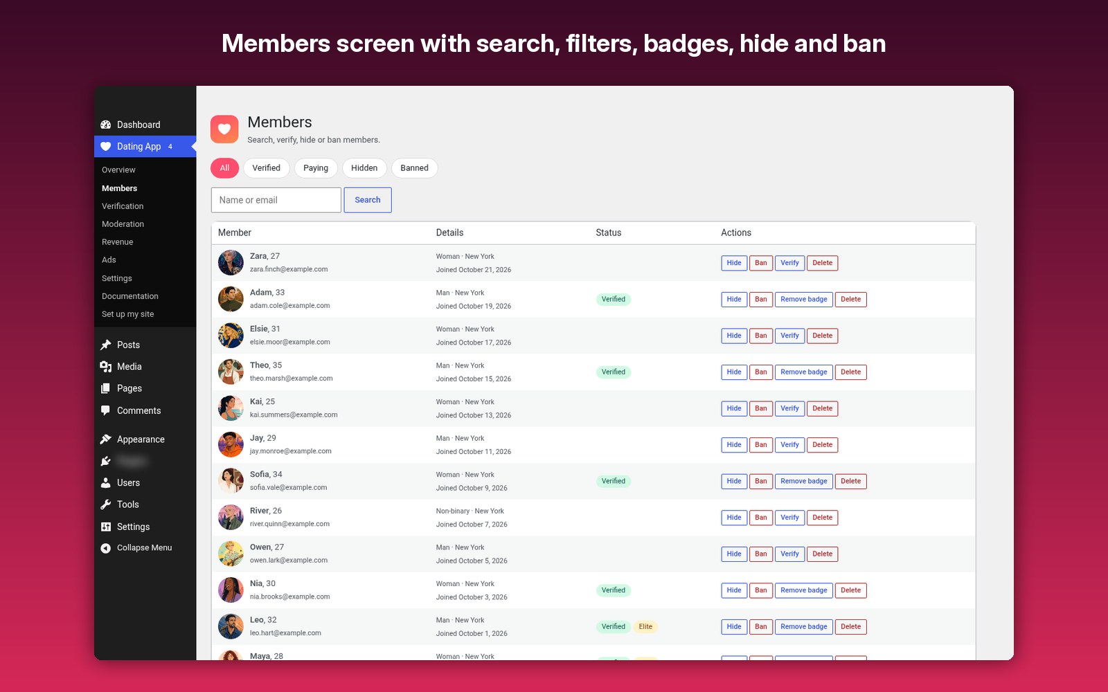 Members screen with search, filters, badges, hide and ban