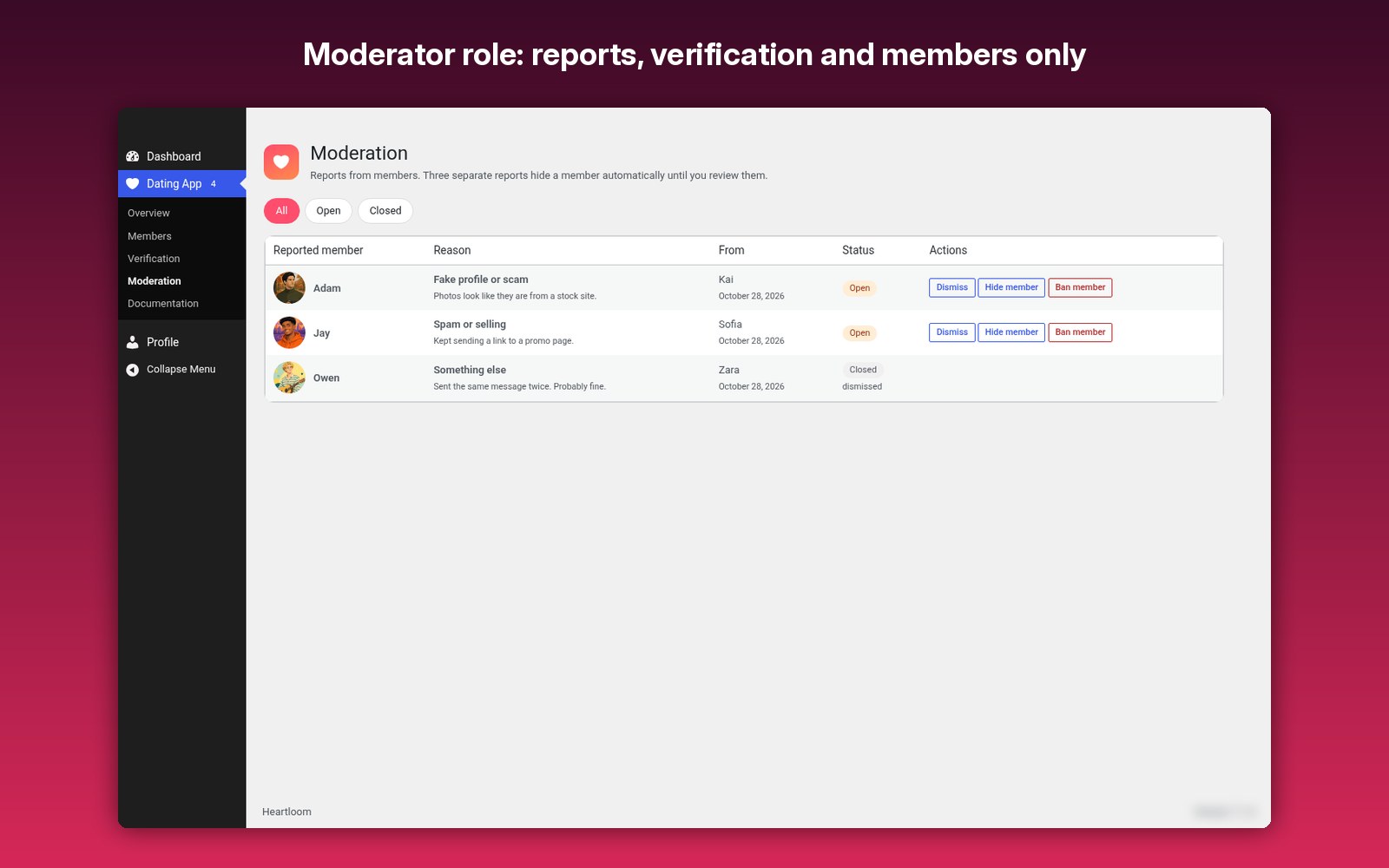 Moderator role: reports, verification and members only
