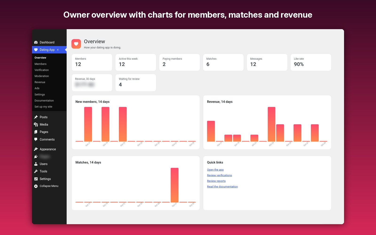 Owner overview with charts for members, matches and revenue