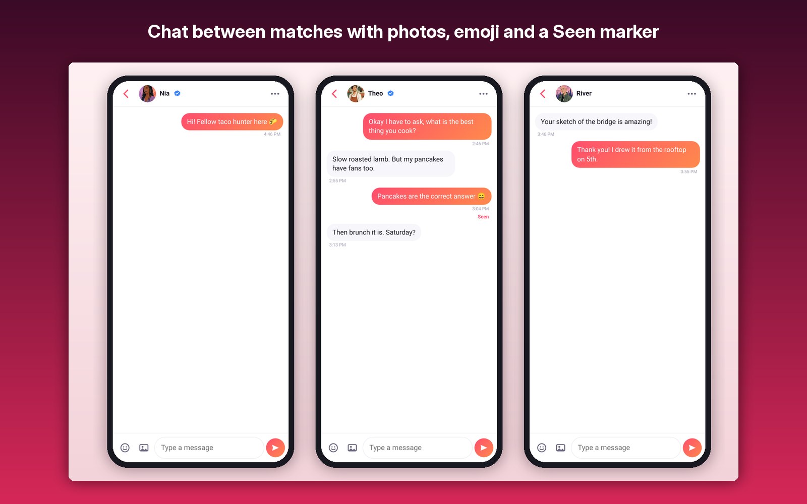 Chat between matches with photos, emoji and a Seen marker