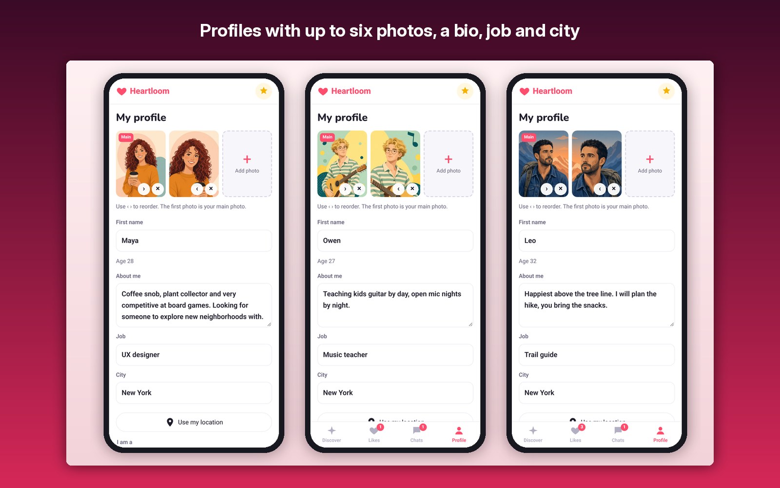 Profiles with up to six photos, a bio, job and city