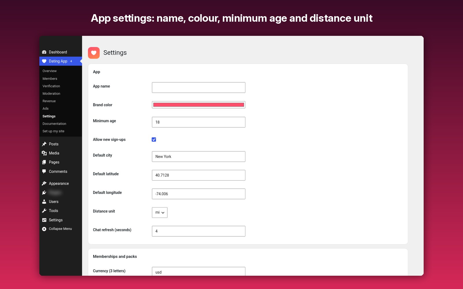App settings: name, colour, minimum age and distance unit
