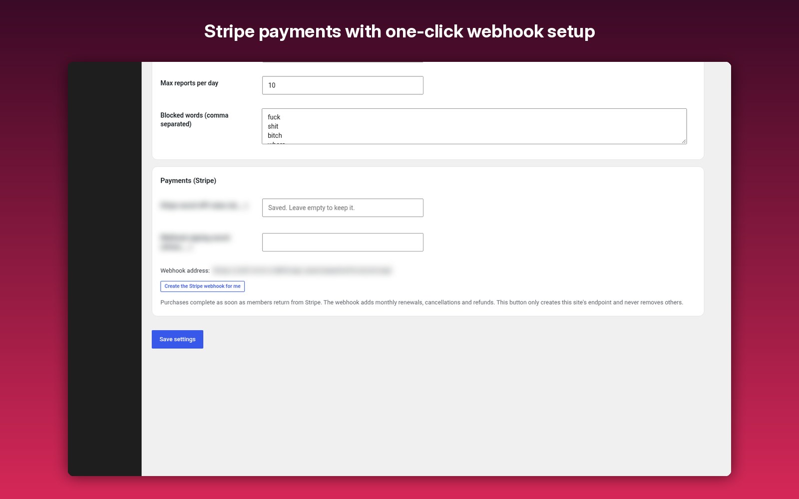 Stripe payments with one-click webhook setup