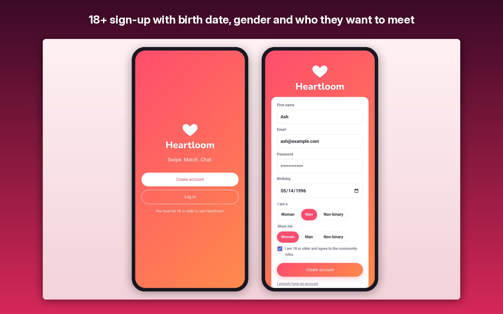 18+ sign-up with birth date, gender and who they want to meet