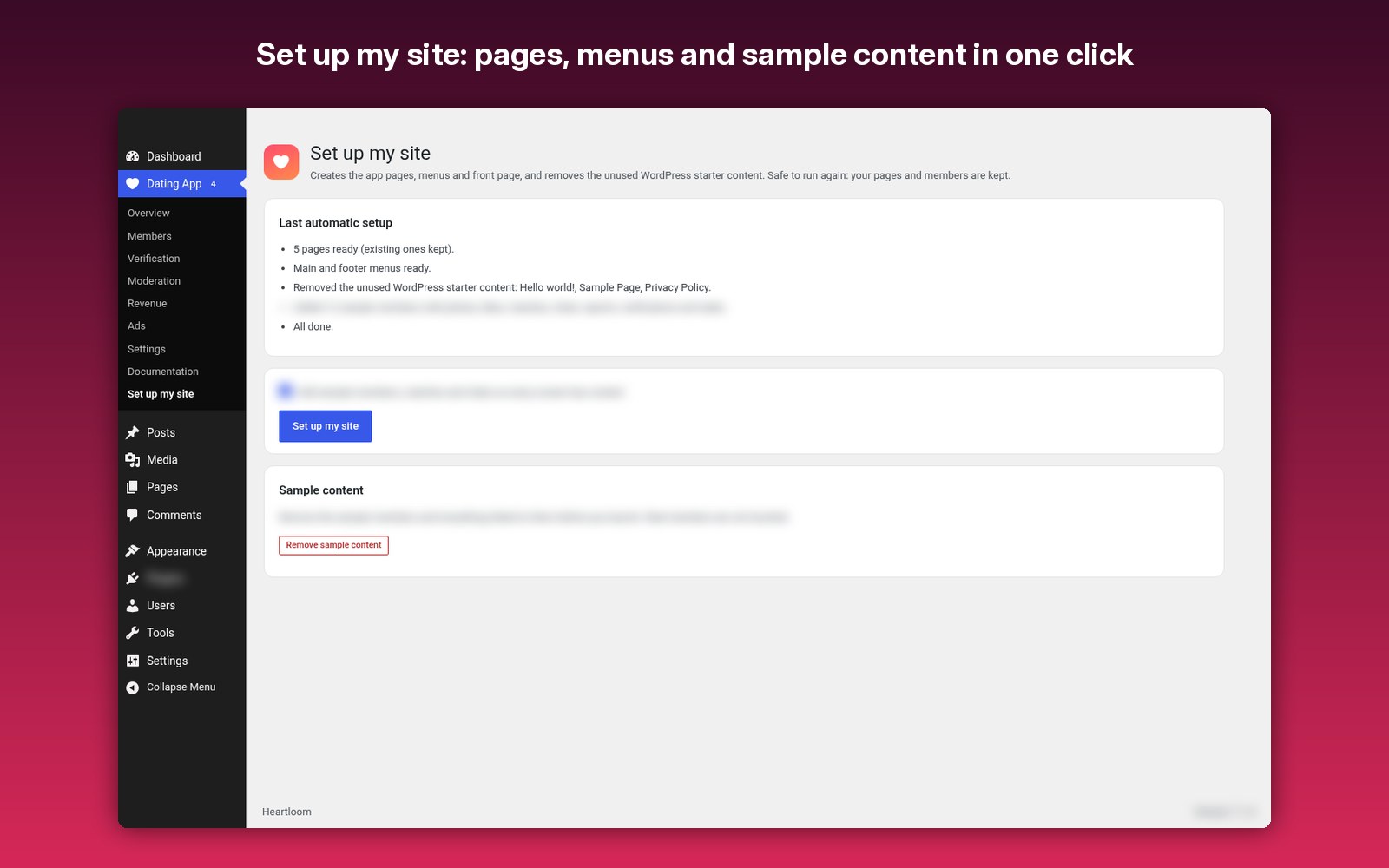 Set up my site: pages, menus and sample content in one click