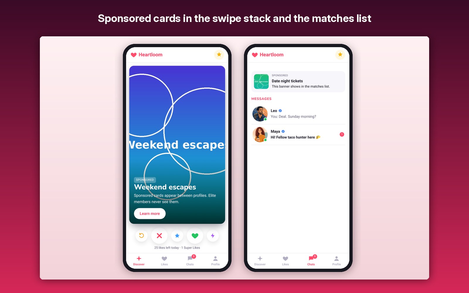Sponsored cards in the swipe stack and the matches list