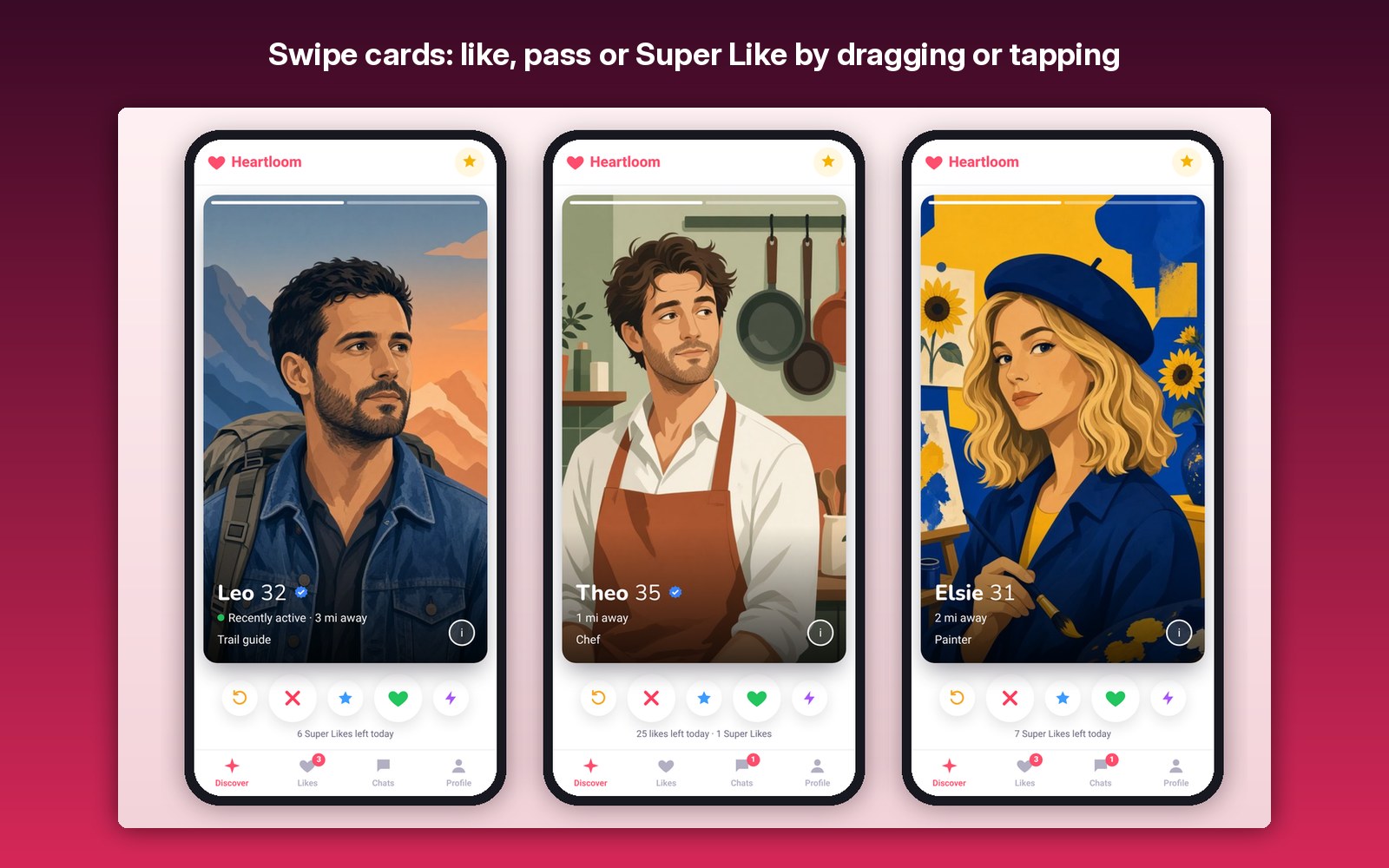 Swipe cards: like, pass or Super Like by dragging or tapping