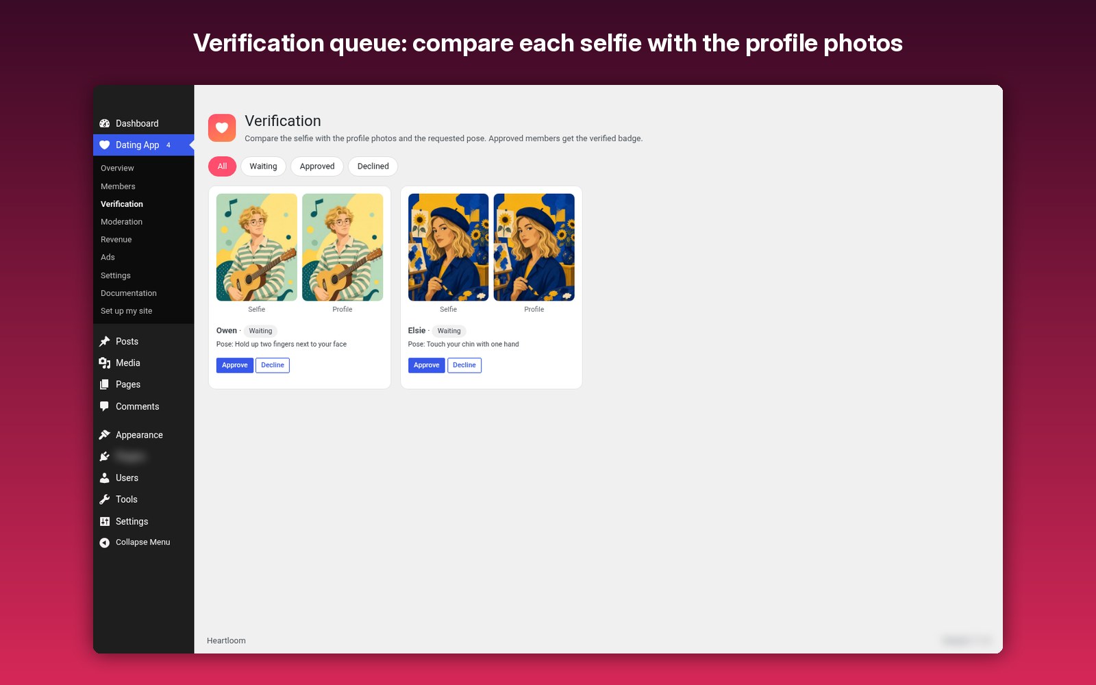 Verification queue: compare each selfie with the profile photos
