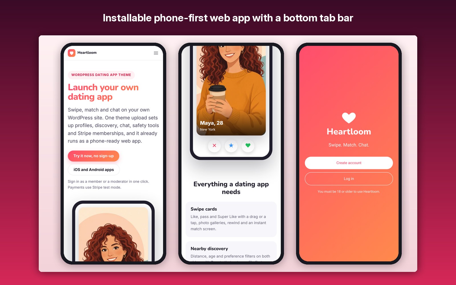Installable phone-first web app with a bottom tab bar