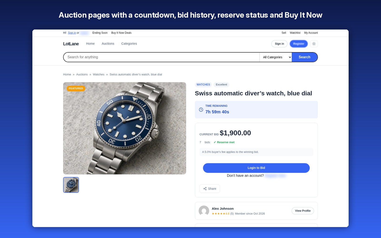 Auction pages with a countdown, bid history, reserve status and Buy It Now