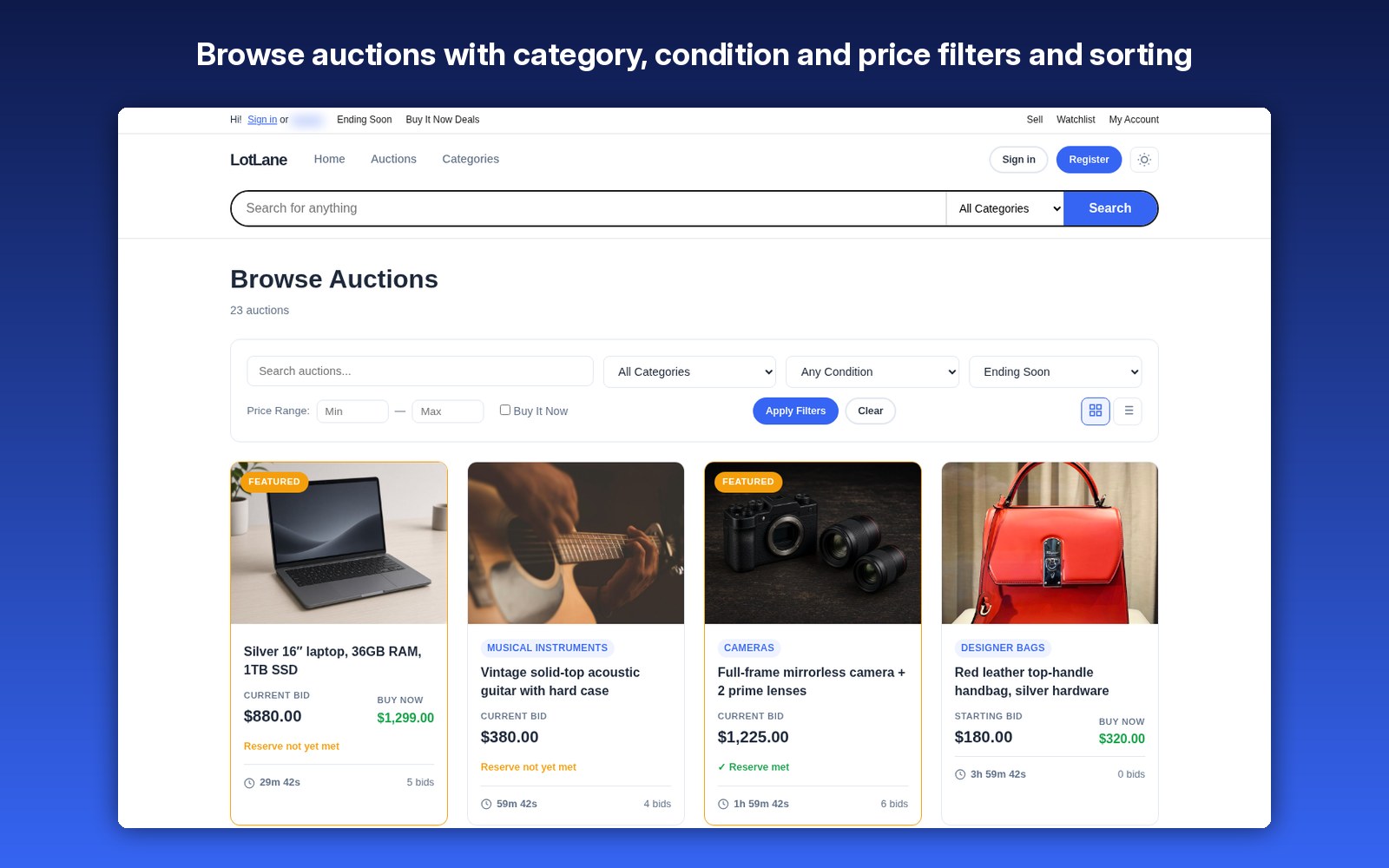Browse auctions with category, condition and price filters and sorting