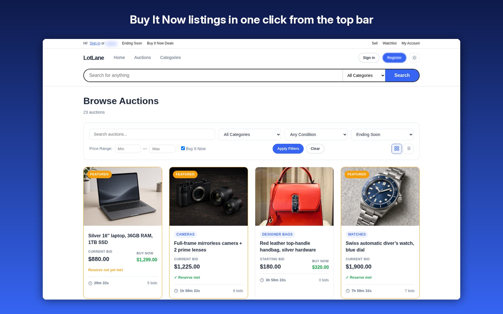 Buy It Now listings in one click from the top bar