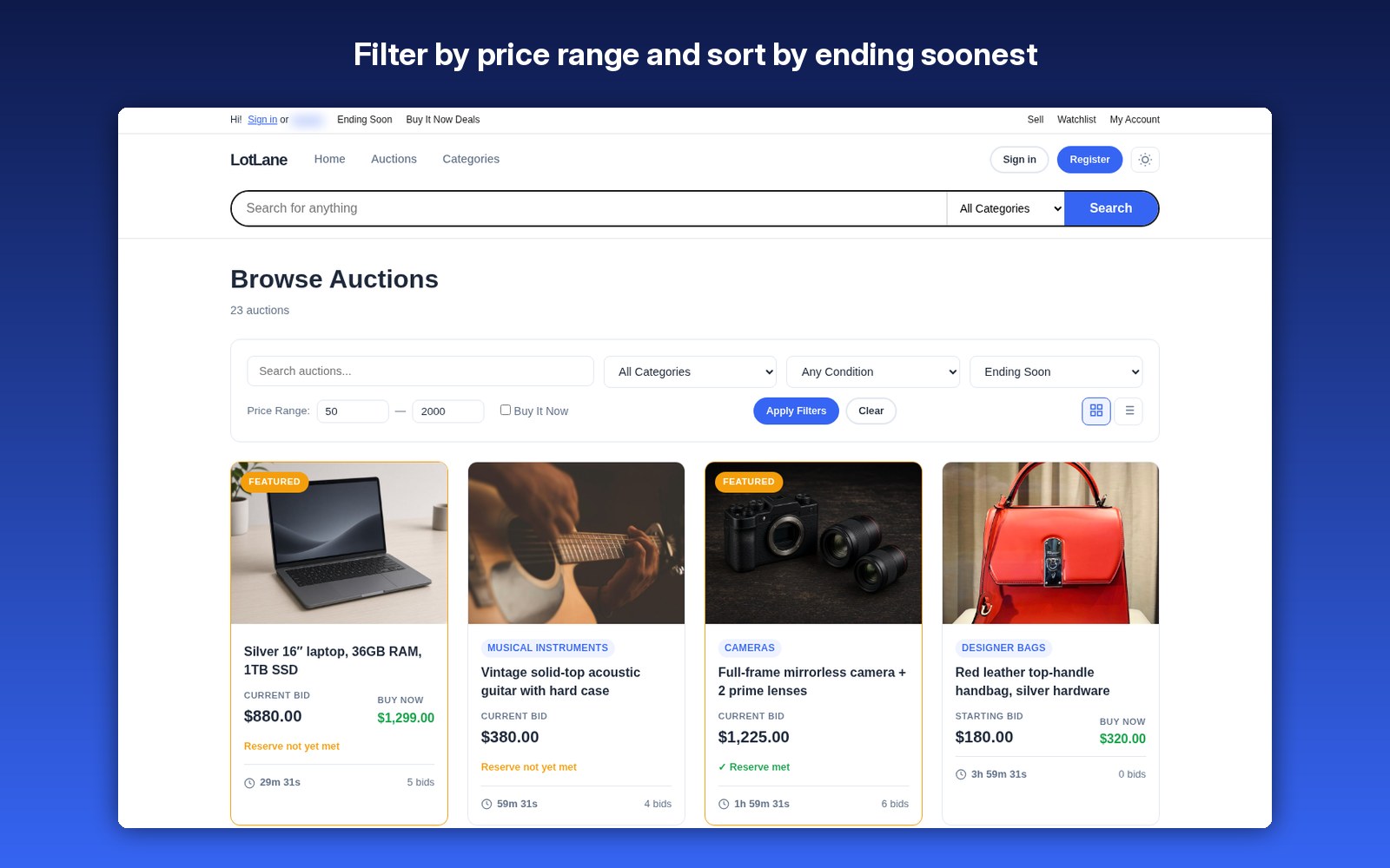 Filter by price range and sort by ending soonest