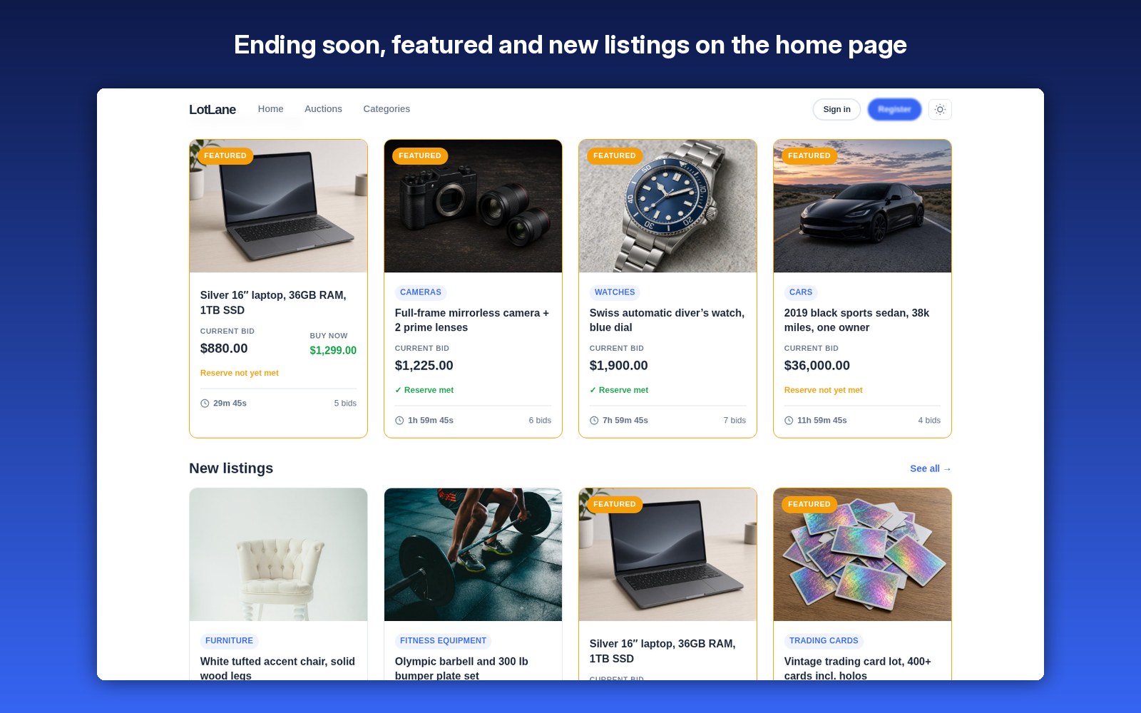 Ending soon, featured and new listings on the home page