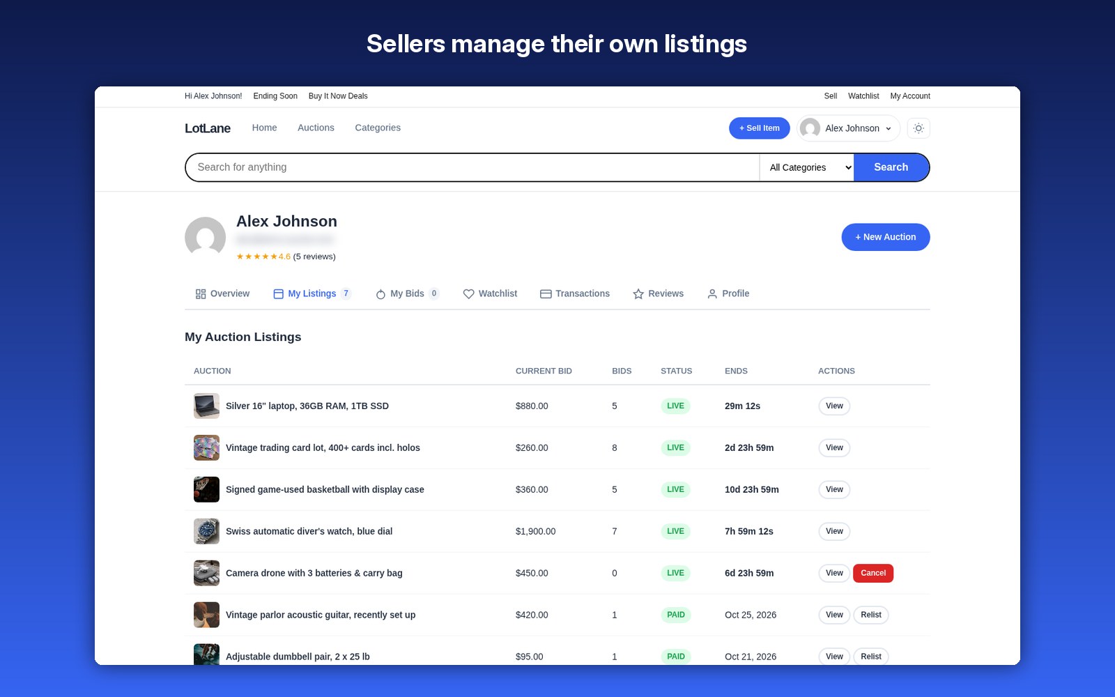Sellers manage their own listings