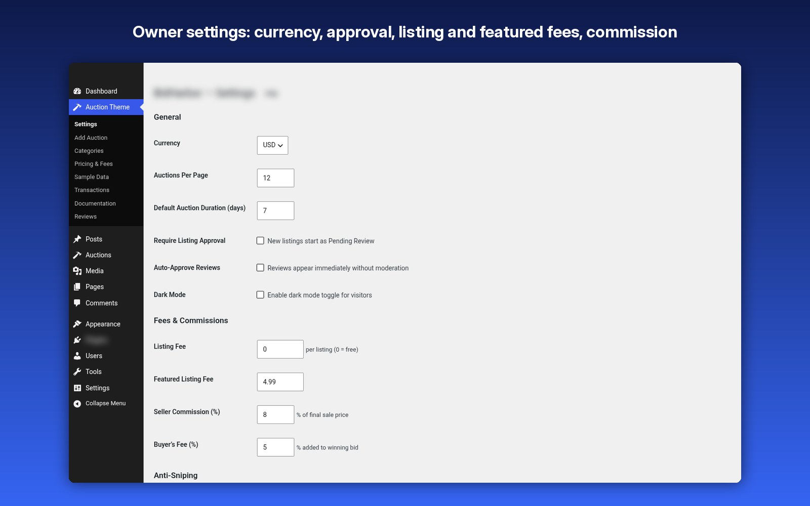 Owner settings: currency, approval, listing and featured fees, commission