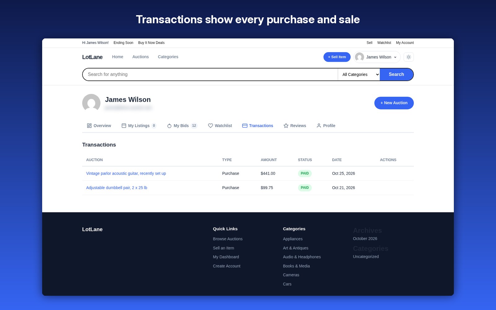 Transactions show every purchase and sale