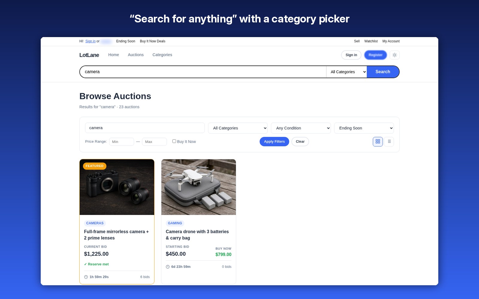 “Search for anything” with a category picker