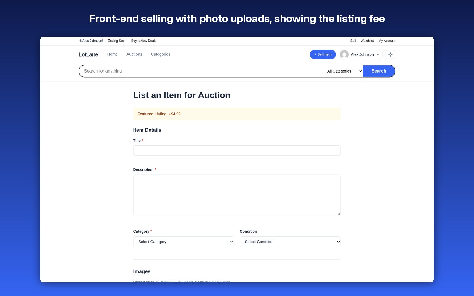 Front-end selling with photo uploads, showing the listing fee