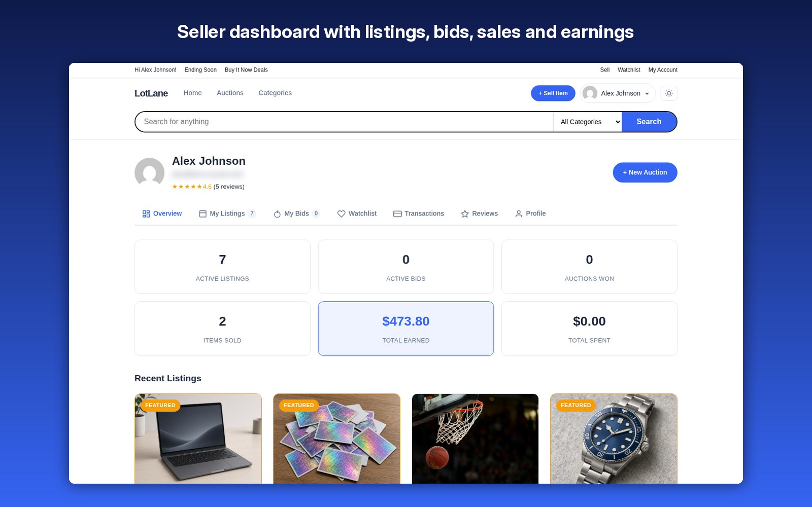 Seller dashboard with listings, bids, sales and earnings