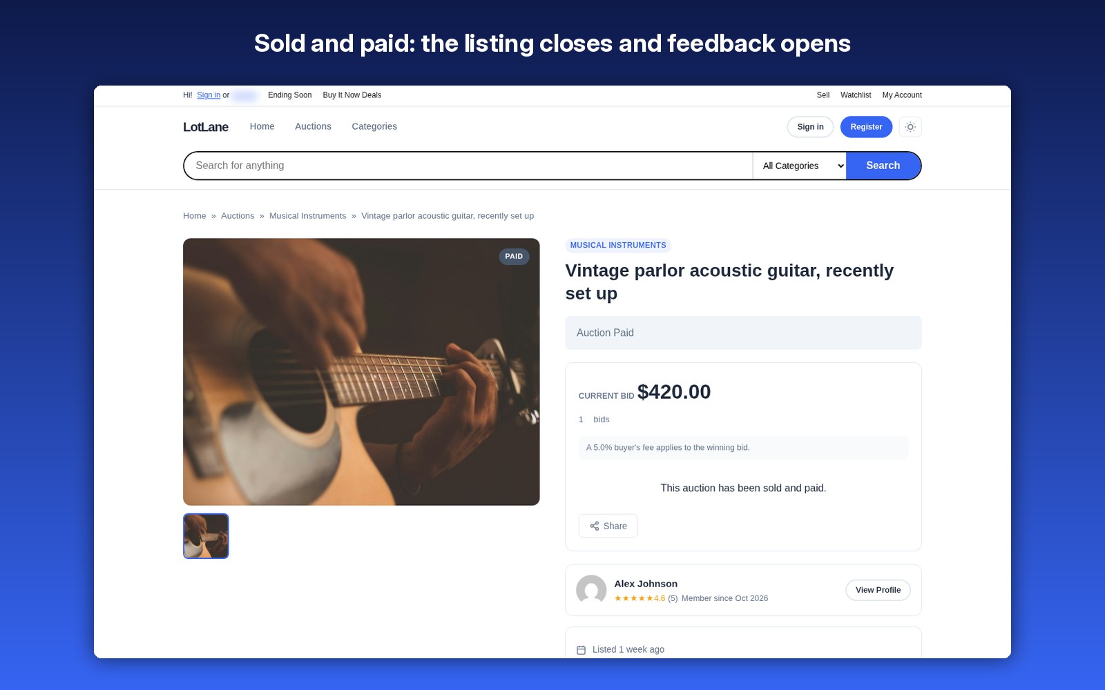Sold and paid: the listing closes and feedback opens