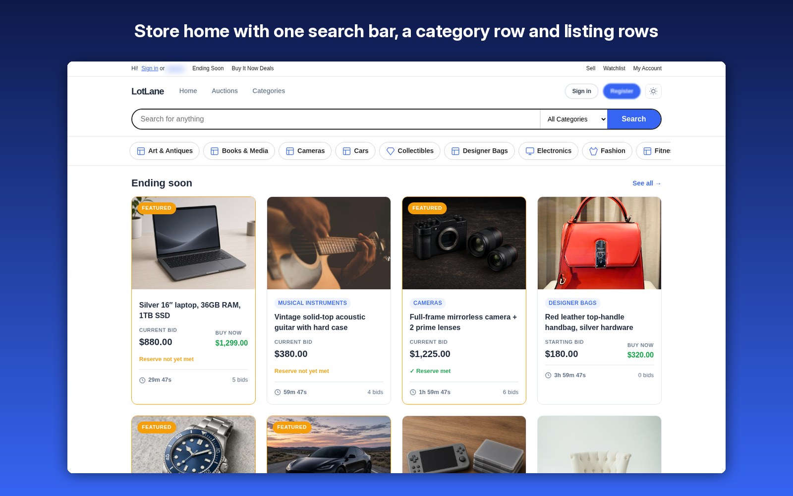 Store home with one search bar, a category row and listing rows